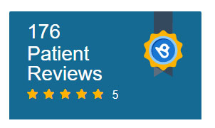 The image displays a screenshot of a webpage with a blue header containing white text that reads  176 Patient Reviews  followed by a gold badge icon with a number  5  inside, indicating a rating or score system. Below this header is a section titled  Patient Reviews  with a list of reviews and star ratings ranging from 4 to 5 stars. The overall style of the image is that of a digital screenshot, likely representing a review section on a website.